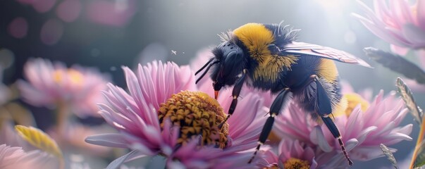 Wall Mural - Close-up of a bumblebee on a flower, 4K hyperrealistic photo