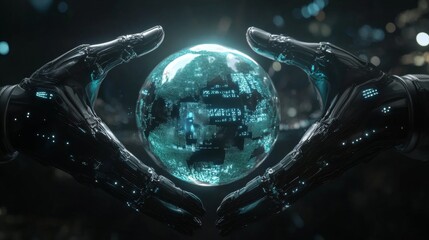 Fototapete - Hands of a robot and a human cradling a digital world with holographic continents and data