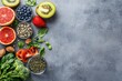 © Dzikrul Husnani - Healthy food clean eating selection: fruit, vegetable, seeds, superfood, cereal, leaf vegetable on gray concrete background , ai