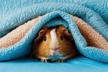 Sticker - A small brown and white guinea pig is curled up in a blanket