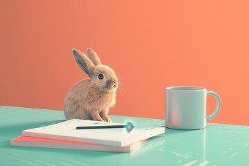 Poster - A rabbit is sitting on top of a stack of books and a cup