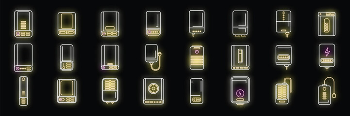 Wall Mural - Power bank icons set outline vector. Battery charge. Computer device neon color on black