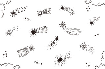 Wall Mural - black shooting stars hand drawn illustration set, vector doodle sketch falling stars icon set