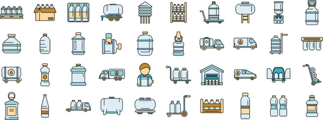 Sticker - Water delivery icons set outline vector. Cooler gallon. Dispenser bottle thin line color flat on white