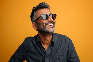 Wall Mural - Smiling Man with Sunglasses Against a Yellow Background