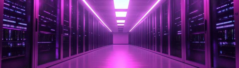 Wall Mural - Ultramodern server room radiates with neon purple lights 