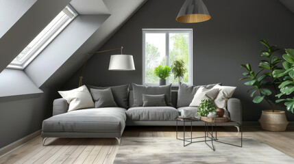 Modern living room with a grey sectional sofa, plants, and a wooden floor.