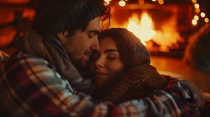 Couple Embracing in Cozy Cabin Firelight Love Concept