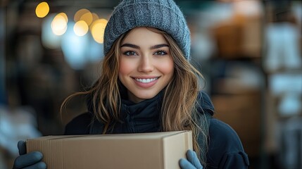 Canvas Print - A girl wearing a wool cap and smiling, looking at the camera with a cardboard box in her hands.