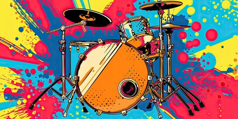 A colorful cartoon drum set with a splash of paint.