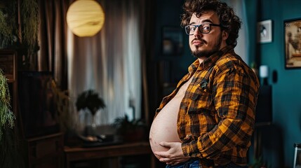 Pregnant man with hands on belly, looking camera, at home.