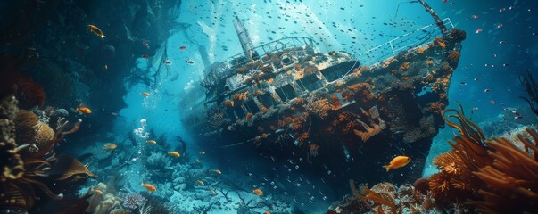 Wall Mural - Underwater scene with a shipwreck teeming with marine life, 4K hyperrealistic photo