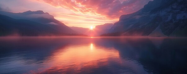 Sticker - Stunning sunrise over a mountain lake, 4K hyperrealistic photo