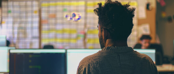 Wall Mural - a professional intently works on multiple monitors with a kanban board in the background, portraying