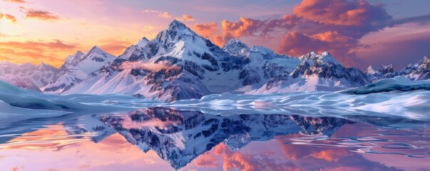 Wall Mural - Snow-covered peaks reflecting the vibrant colors of a sunrise, 4K hyperrealistic photo