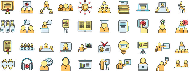 Sticker - Staff training icons set outline vector. Work team. People training thin line color flat on white