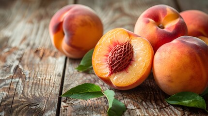 Wall Mural - Whole and Sliced Peaches on a Rustic Wooden Table in Soft Natural Lighting