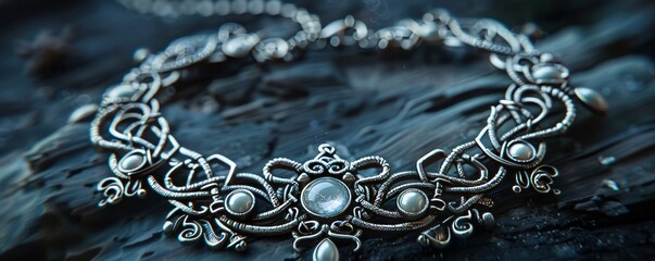 Wall Mural - Intricate silver necklace with Celtic knotwork and moonstone accents, 4K hyperrealistic photo