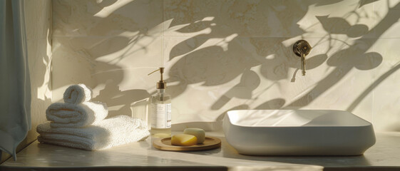 Wall Mural - A minimalist bathroom countertop with folded towels, soap, and a sleek faucet, bathed in soft sunlight casting shadows of leaves.