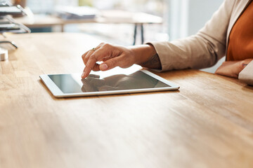 Canvas Print - Hands, scrolling and tablet with business person at wooden desk of office for email, feedback or report. Finger, press for research and technology with corporate employee in professional workplace