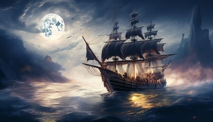 Wall Mural -  A high-quality depiction of a pirate galleon from 1750 with black sails and golden cannons.