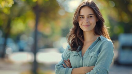 Wall Mural - Portrait of attractive brunette woman standing with crossed arms 