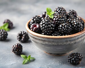 Wall Mural - Juicy Blackberries in Rustic Wooden Bowl Healthy Superfood Concept