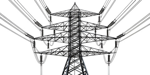 high voltage power tower line white background. AI GENERATED