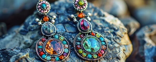 Wall Mural - Bold statement earrings featuring vibrant gemstones and unique designs, 4K hyperrealistic photo