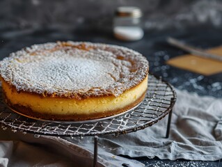 Cheesecake on a cooling rack dusted with powdered sugar