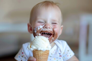 Ice cream makes this child smile from ear to ear.  Adorable image of blond boy exuding innocence and charm. Child's warm expression reflects unconditional love within family.