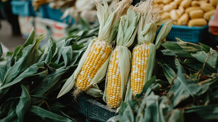 Wall Mural - A photo of fresh corn in the market. The corn has its husk and cob, and is surrounded by leaves.