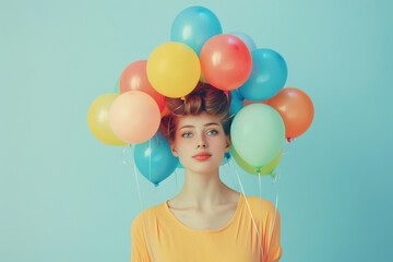 Fashion glamour woman with colorful balloons on her head for birthday anniversary surprise party celebration