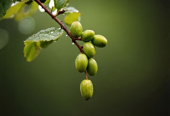 Bunch of green olives hanging from a branch