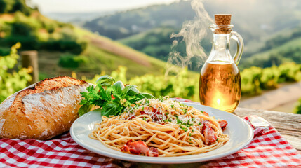 Enjoy authentic Italian cuisine A delicious pasta dish with a good wine This image captures the essence of Italian pasta specialties in a warm and inviting setting. all about italien gourmet food