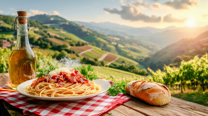 Enjoy authentic Italian cuisine A delicious pasta dish with a good wine This image captures the essence of Italian pasta specialties in a warm and inviting setting. all about italien gourmet food