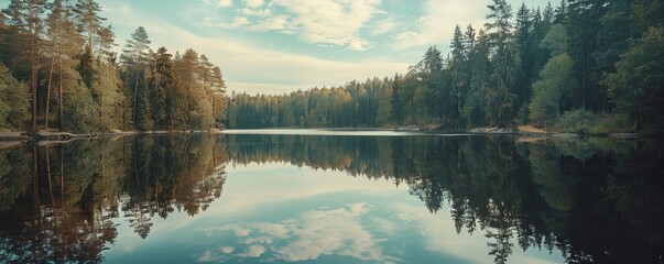 Wall Mural - Tranquil forest lake reflecting the surrounding trees and sky, 4K hyperrealistic photo