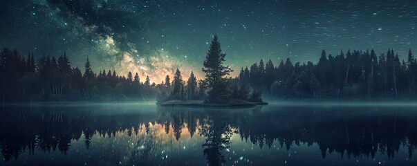 Sticker - Tranquil forest lake at night with the Milky Way reflected in the water, 4K hyperrealistic photo