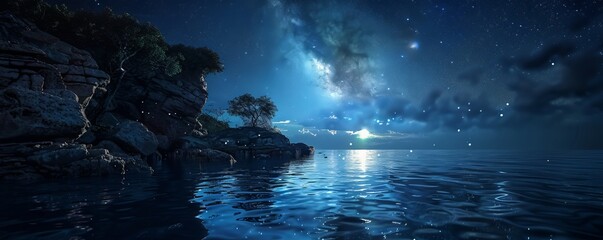 Wall Mural - Tranquil cove at night with a starry sky reflected in the water, 4K hyperrealistic photo