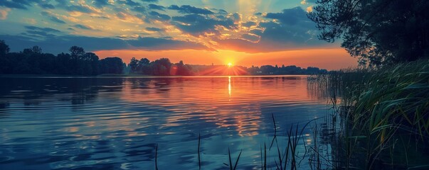 Sticker - Sunset over a serene lake, 4K hyperrealistic photo