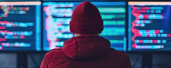 Hacker in a red hoodie working with multiple screens of code, cybersecurity concept with digital data and programming on display