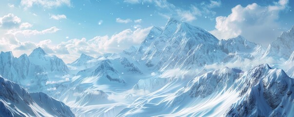 Canvas Print - Snow-covered mountains under a blue sky, 4K hyperrealistic photo