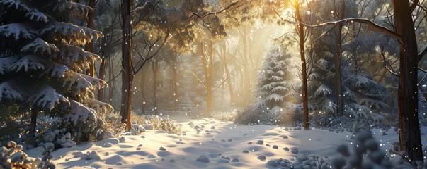 Canvas Print - Snow-covered forest with sunlight, 4K hyperrealistic photo