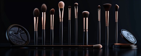 Set of makeup brushes and cosmetics, 4K hyperrealistic photo