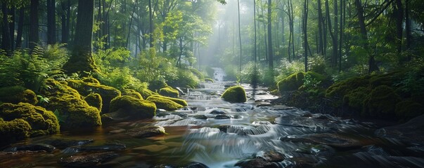 Wall Mural - Serene forest river, 4K hyperrealistic photo