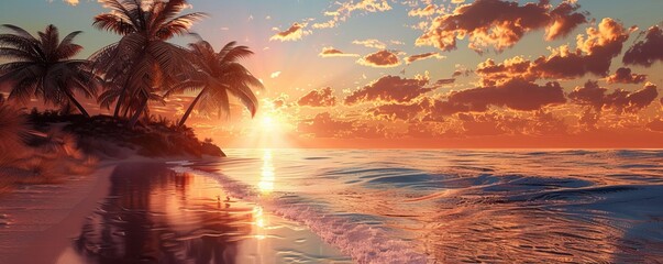 Wall Mural - Serene beach with palm trees at sunset, 4K hyperrealistic photo