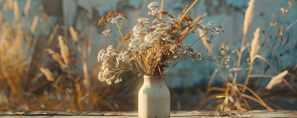 Sticker - Rustic arrangement of wildflowers and grasses in a vintage milk bottle, 4K hyperrealistic photo