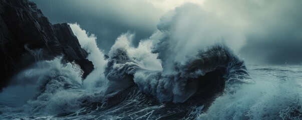 Wall Mural - Powerful waves crashing against a rugged coastline during a storm, 4K hyperrealistic photo