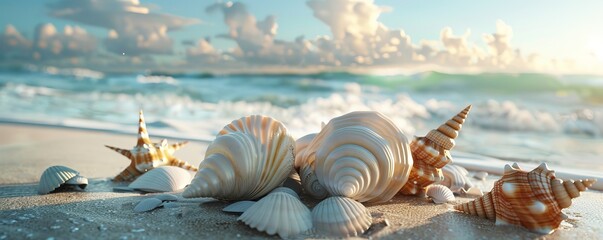 Wall Mural - Peaceful beach with seashells, 4K hyperrealistic photo