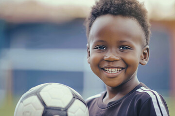 Close up photo of handsome african american seven year old boy smiling holding soccer ball and playing football in modern sports school, development concept, advertising banner